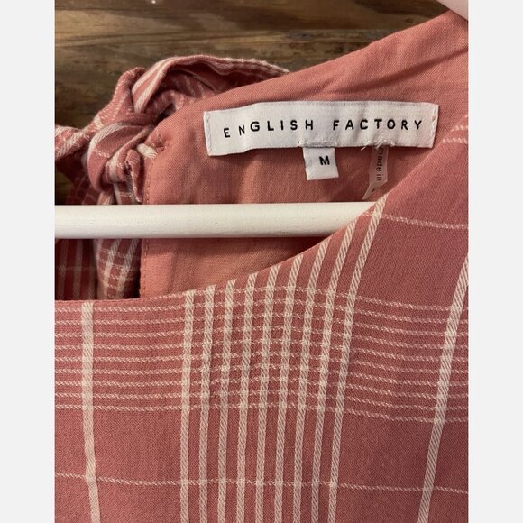 English Factory Pink Plaid Puff Sleeve Tie Back Tiered Midi Dress Women's M - Picture 3 of 8